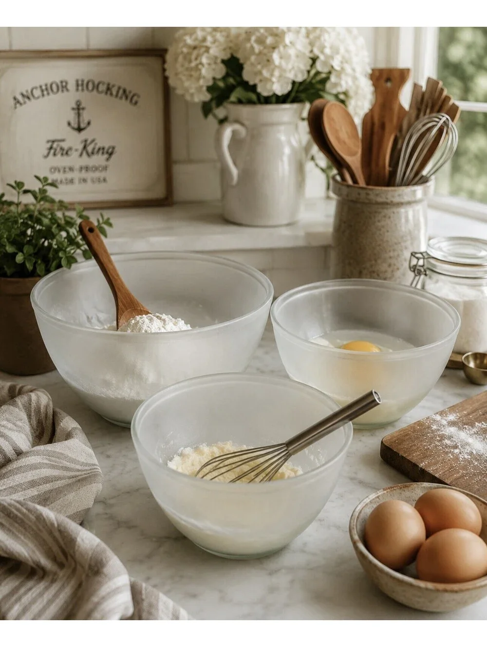 ANCHOR HOCKING Vintage Frosted Clear  Set of 3 Nesting Mixing Bowls Stacking